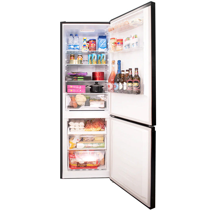condura-no-frost-bottom-freezer-inverter-refrigerator-matte-black-full-open-door-with-sample-contents-view-concepstore