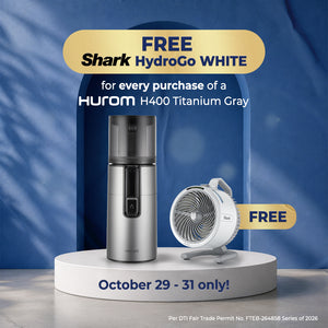 Hurom H400 Slow Juicer Titanium Gray + FREE Shark Hydrogo White (Curated Bundle)